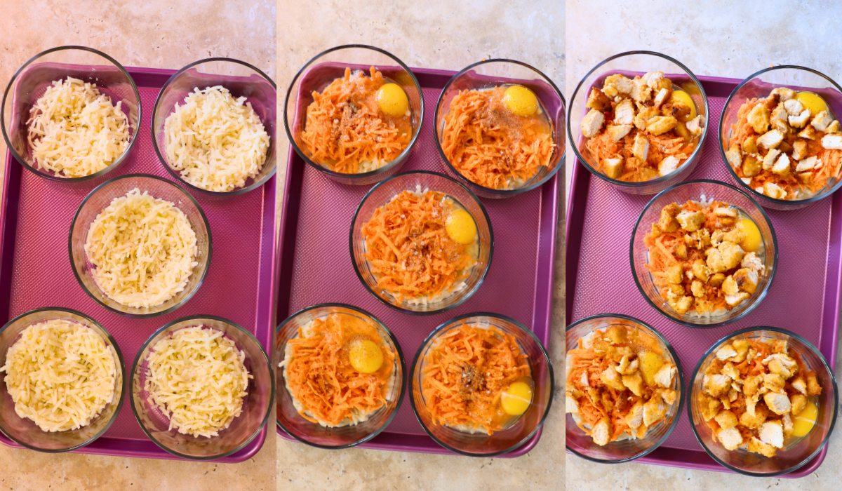 Chicken Chunk Scramble Bowls showing 3 images stitched together. First a baking sheet with 5 glass bowls with a layer of hash browns,. Second the glass bowls now topped with a layer of shredded sweet potatoes and an egg. Third, topped with chicken chunks and ready to be baked.