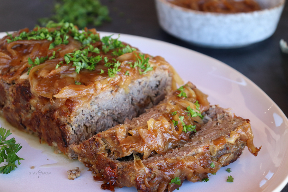 French Onion Meatloaf showing completed meatloaf sliced.