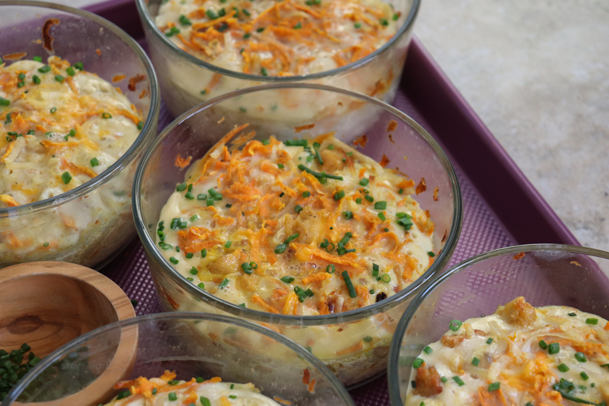 Chicken Chunk Scramble Bowls showing finished and baked recipe in in glass bowls.