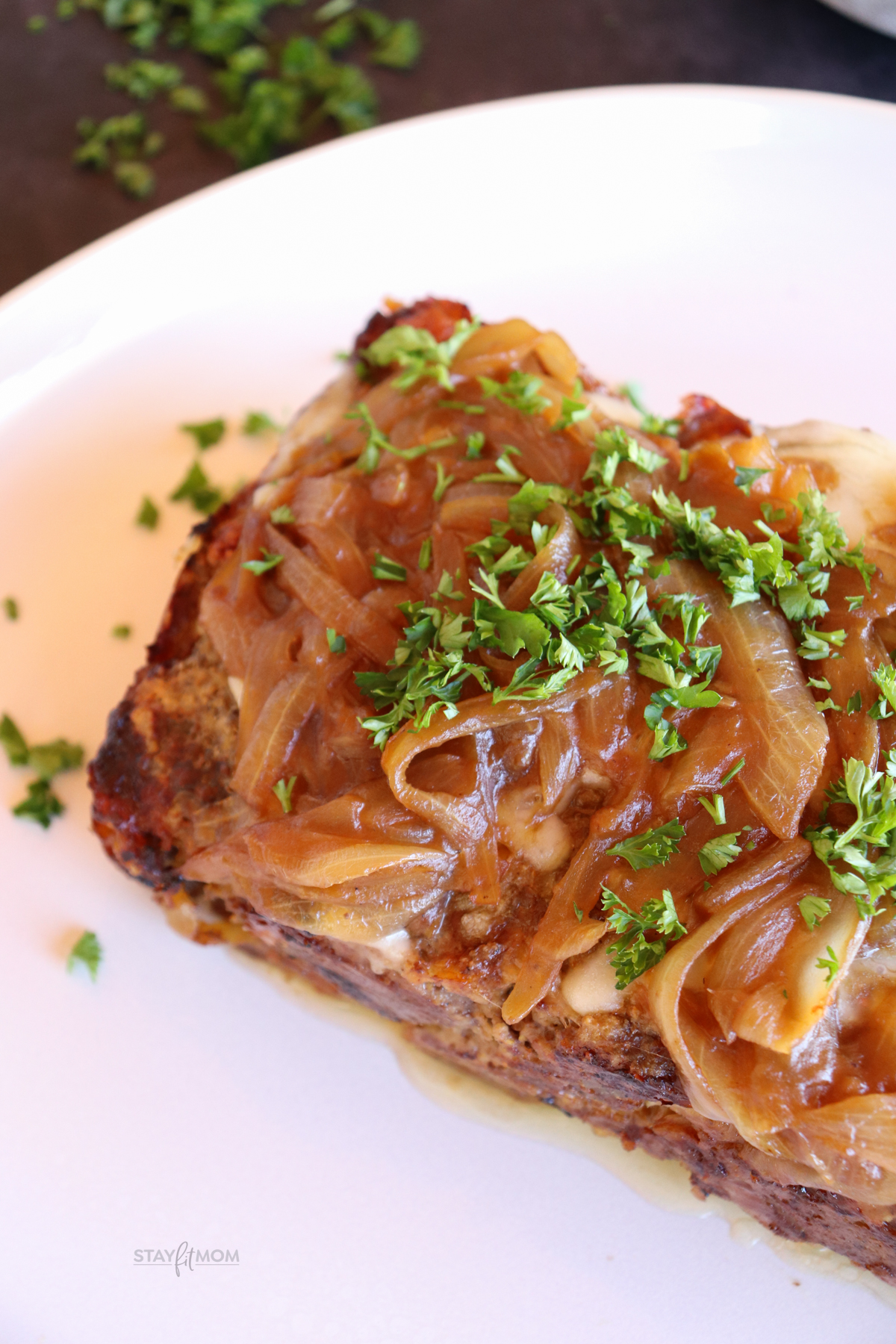 French Onion Meatloaf showing a top view with caramelized oions.