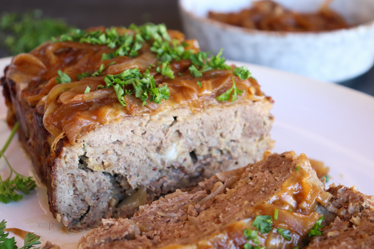 French Onion Meatloaf showing meatloaf sliced so you can see the finished center.