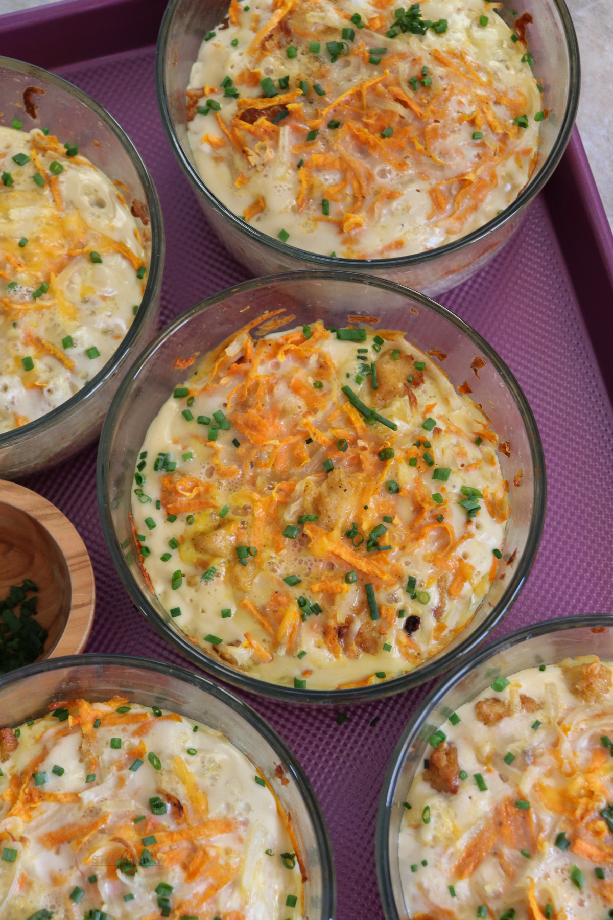 Chicken Chunk Scramble Bowls showing completed recipe in glass bowls.