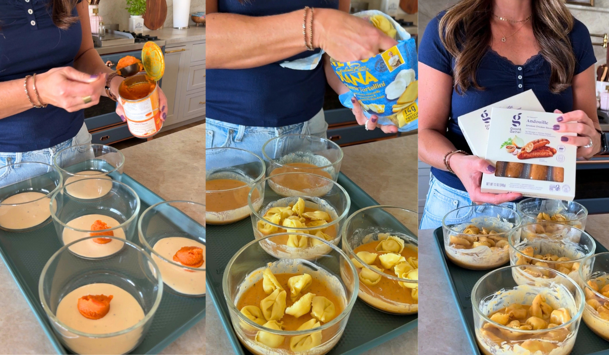 3 stitched images showing meal prep bowls with alfredo and pumpkin being added next the pumpkin and Alfredo are being topped with tortellini, and last is Krista showing the package of chicken sausage.