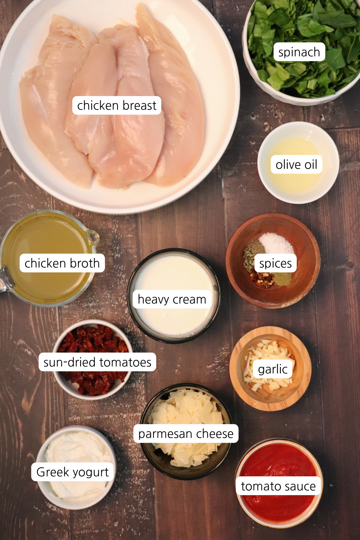 Marry Me Chicken showing ingredients labeled in small containers: chicken breast, spinach, olive oil, spices, heavy cream, chicken broth, sun-dried tomatoes, garlic, parmesan cheese, Greek yogurt, and tomato sauce.