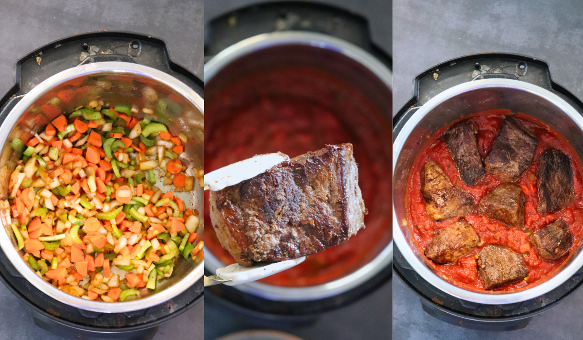 3 stitched images showing: Instant Pot full of chopped veggies, Instant Pot with veggies and sauce and chuck roast being held above it, and Instant Pot with seared chuck roast nestled in the sauce.